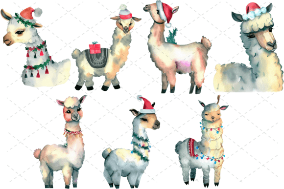 7 Watercolor Christmas Llamas Bundle Illustrations