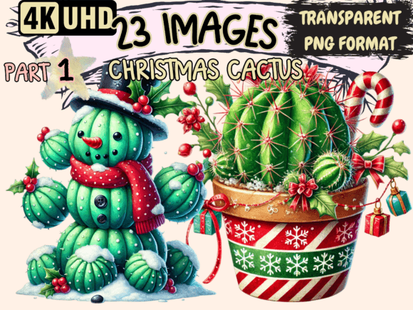 Christmas Cactus P1 Clipart: Festive Illustrations