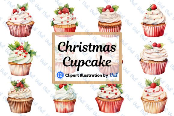 Christmas Cup Cake Clipart Watercolor & Illustrations