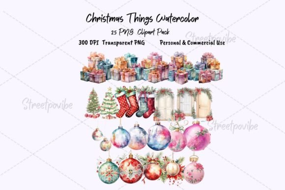 Christmas Things Watercolor Clipart PNG: Editorial Illustrations