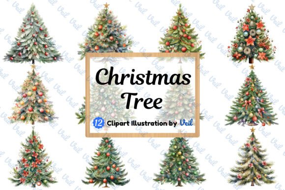 Christmas Tree Clipart Watercolor Bundle Illustrations