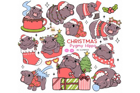 Cute Christmas Baby Hippo PNG Set: Illustrations
