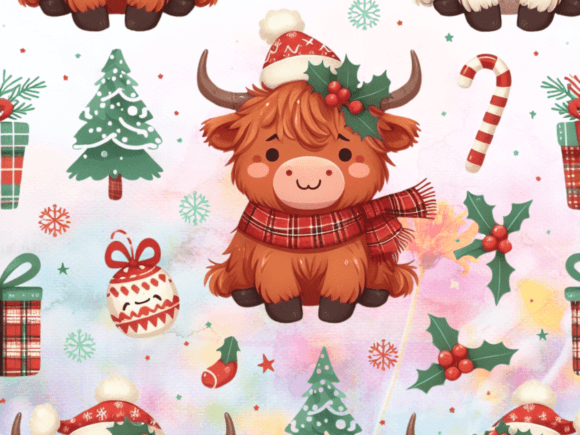 Cute Christmas Highland Cow Clipart Grap Illustrations