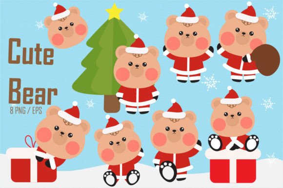 Cute Christmas Teddy Bear with Santa Hat Illustrations