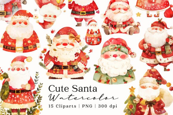 Cute Santa Watercolor Clipart & Illustrations