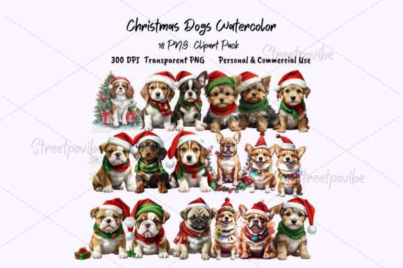 Dog Christmas Watercolor Clipart: Festive Illustrations