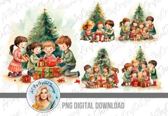 Kids by Christmas Tree Opening Gifts PNG: Festive Illustrations