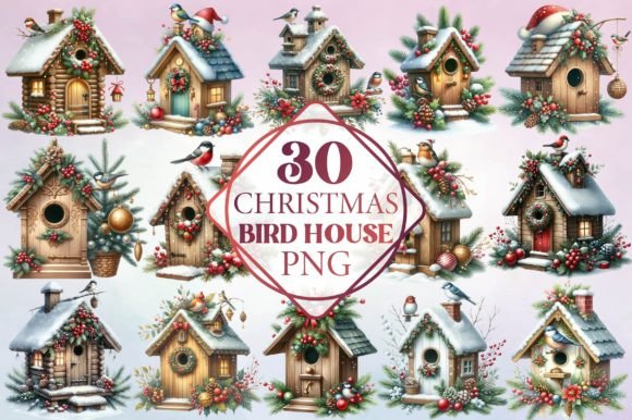 Watercolor Christmas Bird House Clipart & Illustrations