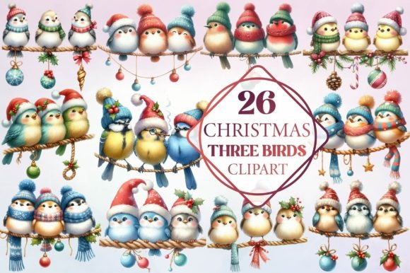 Watercolor Christmas Birds Illustrations