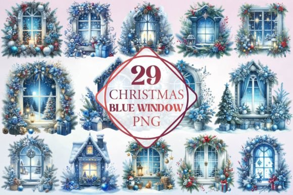 Watercolor Christmas Blue Window Clipart Review