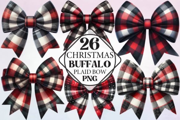 Watercolor Christmas Buffalo Plaid Bow Illustrations
