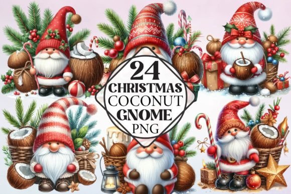 Watercolor Christmas Coconut Gnome Illustrations