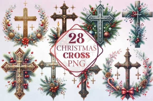 Watercolor Christmas Cross Clipart for Illustrations