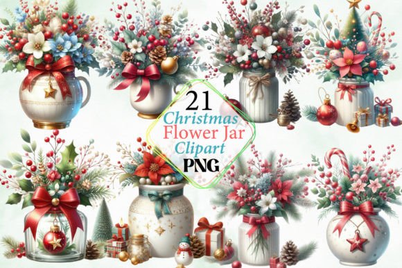 Watercolor Christmas Flower Jar Clipart & Illustrations