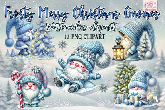 Watercolor Frosty Merry Christmas Gnomes Illustrations