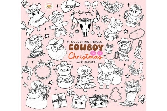 Western Christmas Outline Coloring Clipa Illustrations